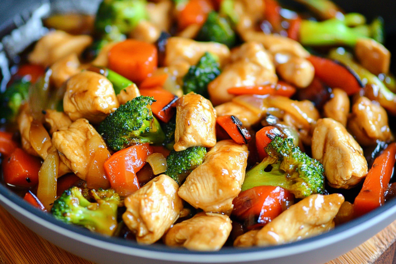 Delicious chicken stir fry with broccoli and colorful vegetables served in a bowl with rice, garnished with sesame seeds and green onions. chicken stir fry chicken stir fry recipes chicken broccoli stir fry